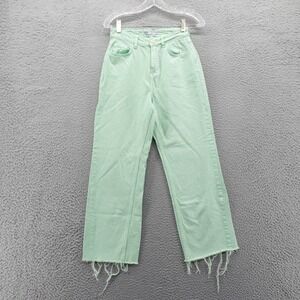 Zara Straight Fit Frayed Hem Jeans 2 Green‎ Womens Rise Stretch High Rise Boho